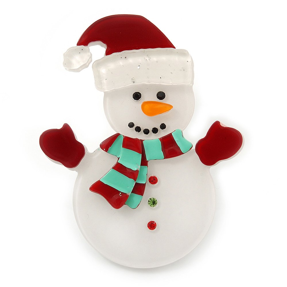 White/Red Acrylic Crystal Christmas 'Snowman' Brooch - 55mm Length