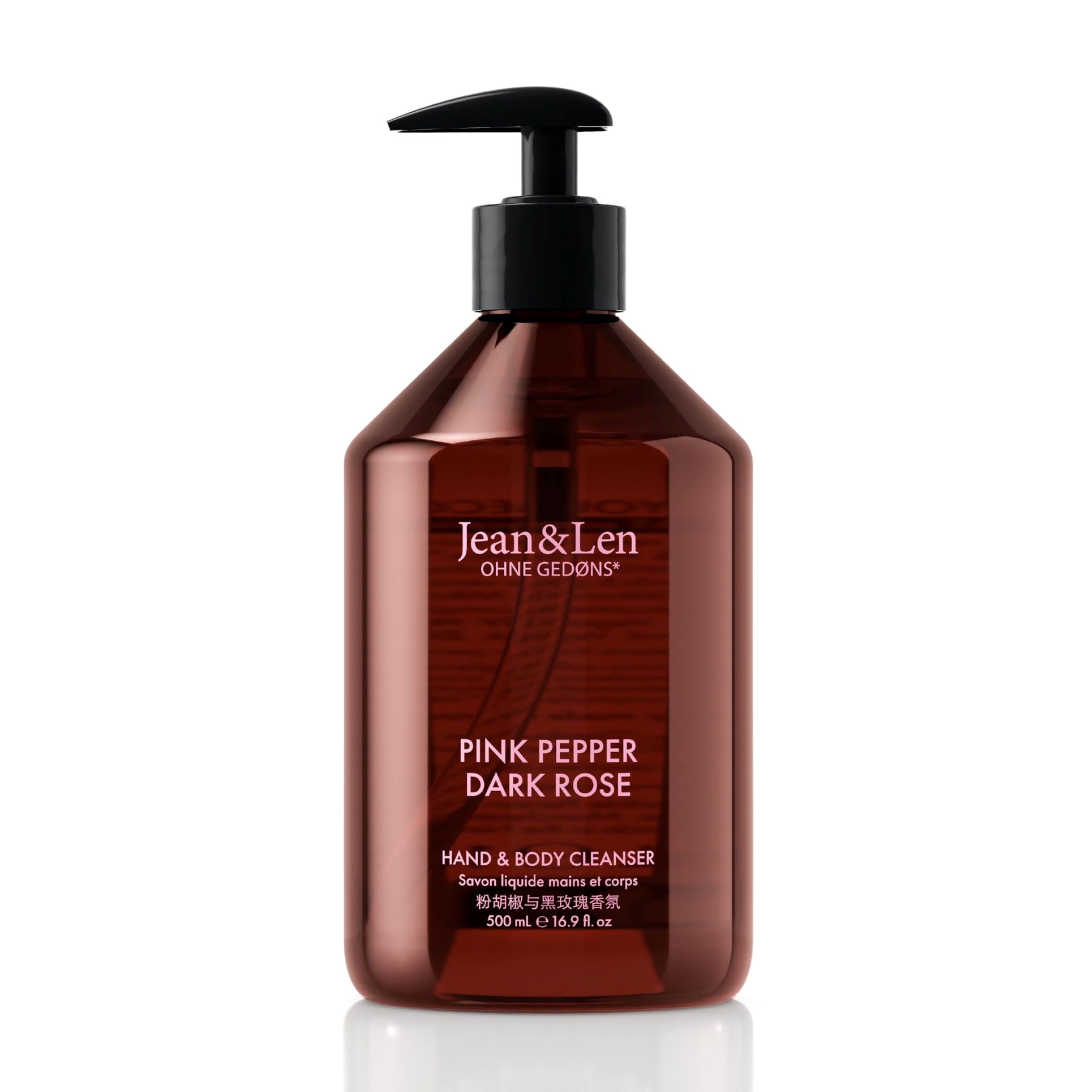 Jean & Len Hand and Body Cleanser Pink Pepper and Dark Rose, for a fragrant cleansing experience, body and hand soap in a minimalistic bottle, sensual floral fragrance, vegan, 500 ml