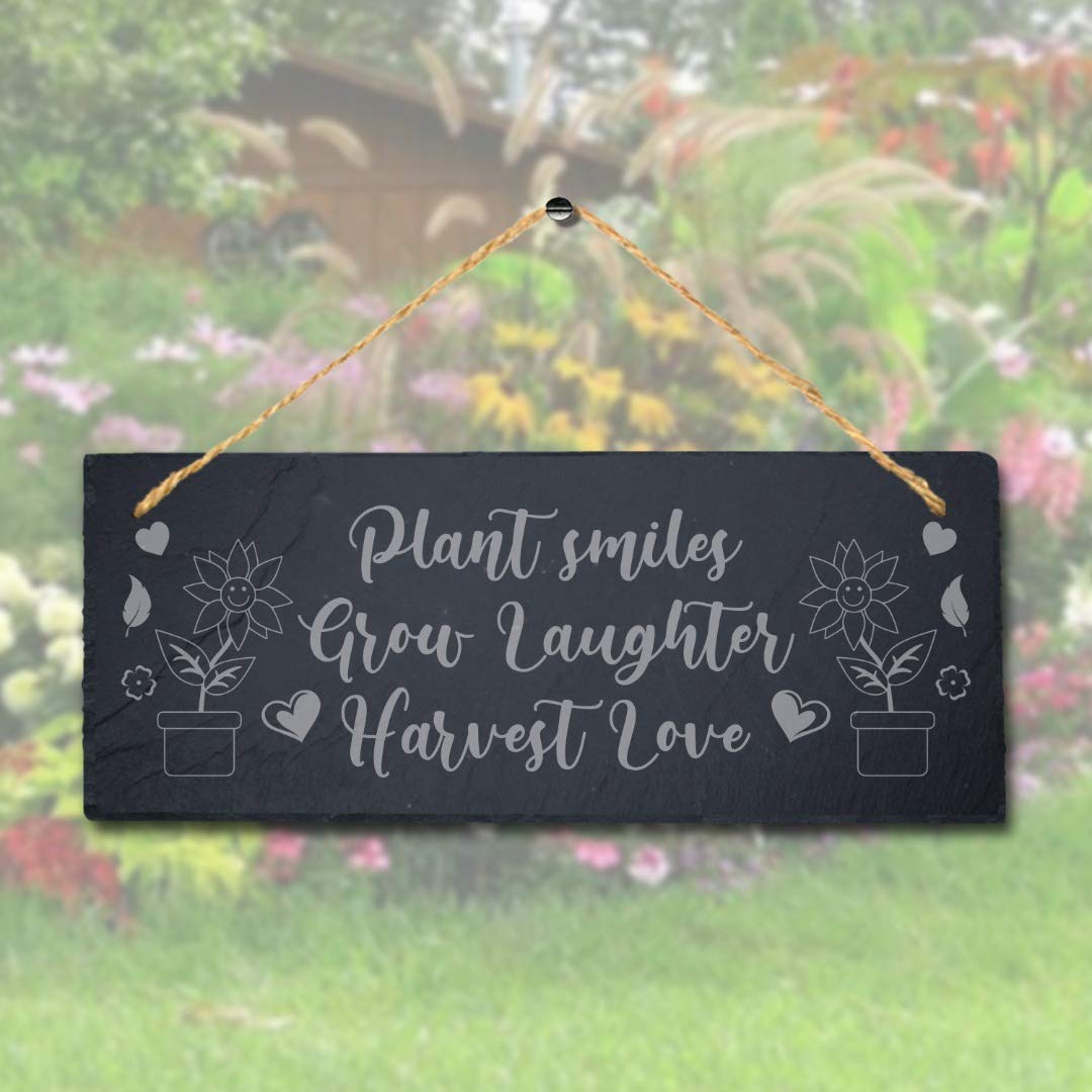 Stukk Plant Smile Grow Laughter Harvest Love Hanging Garden Sign, Natural Engraved Slate Stone Plaque, 30x12cm