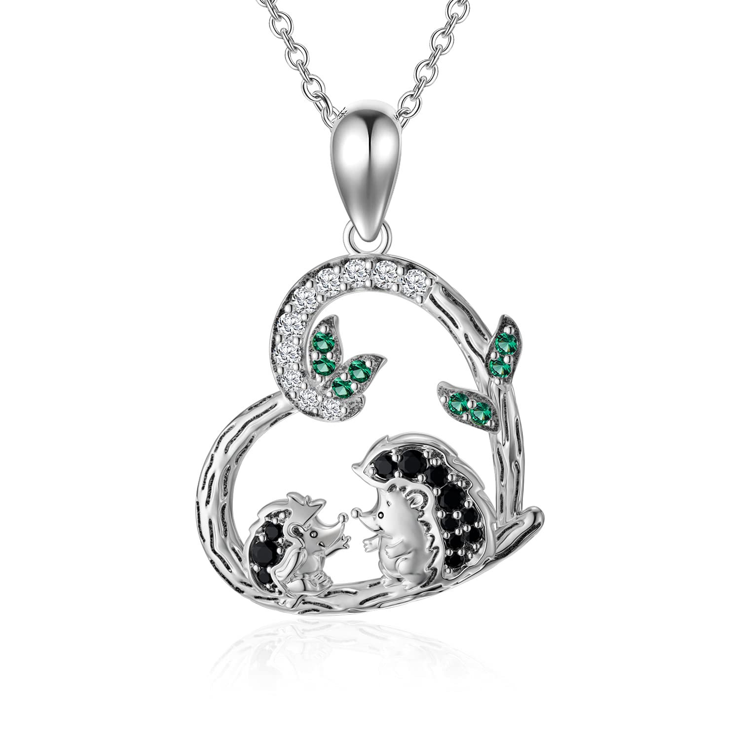 LONAGO Hedgehog Necklace 925 Sterling Silver Mother and Child Hedgehog in Heart Pendant Necklace Jewelry for Women