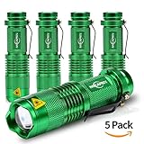 Mikafen 5 Pack Mini Cree Q5 LED Flashlight Torch 7w 300lm Adjustable Focus Zoomable Light (Green)