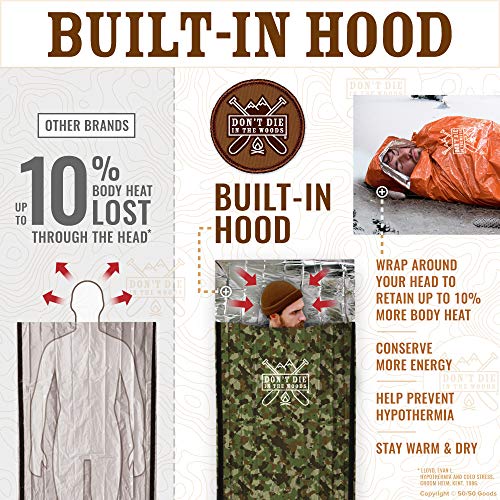 Emergency Sleeping Bag With Hood | Ultralight, Waterproof, Thermal Mylar Sleeping Bag Liner | Survival Bivy Space Blanket Bivey For Hiking, Camping, Military, Prepper Kits, Hunting, Survival Gear Camo
