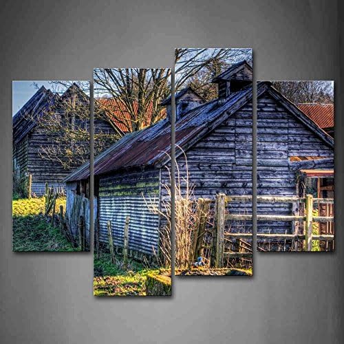 YEHO Art Gallery Painting Barns Like Wooden Cabins Fence Bare Tree Fresh Lawn Wall Art Painting Pictures Print On Canvas City The Picture For Home Modern Decoration unframed