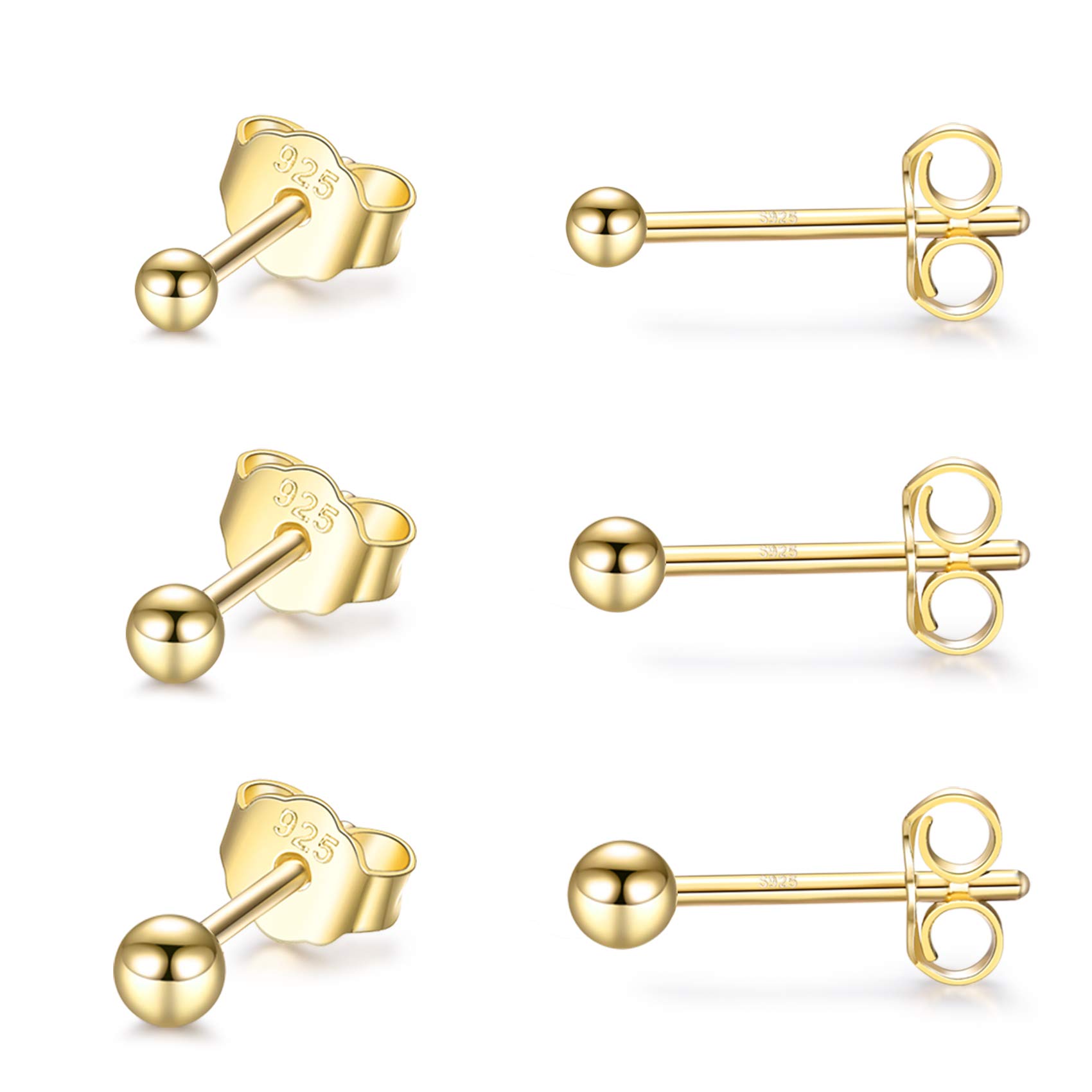 CERSLIMO Silver Stud Earrings for Women Men Girls, 3 Pairs Sterling Silver Tiny Ball Stud Earrings Small Dot Studs Dainty Cartilage Tragus Sleeper Earrings Set (2mm/3mm/4mm, Gold) — image 1