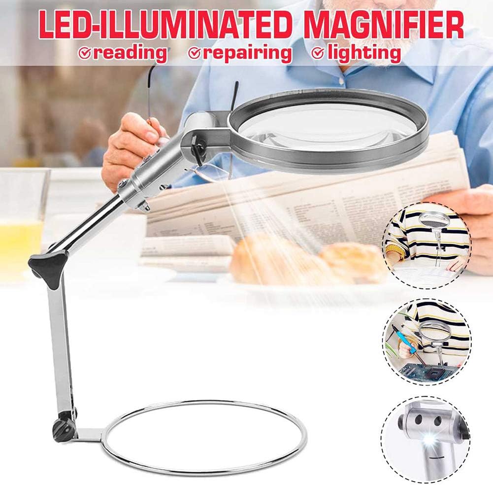 QFXFL Desktop Magnifier, 2X Foldable Illuminated Magnifier Reading Loupe LED Lighted Lamp Optical Glass Lens Magnifier F044