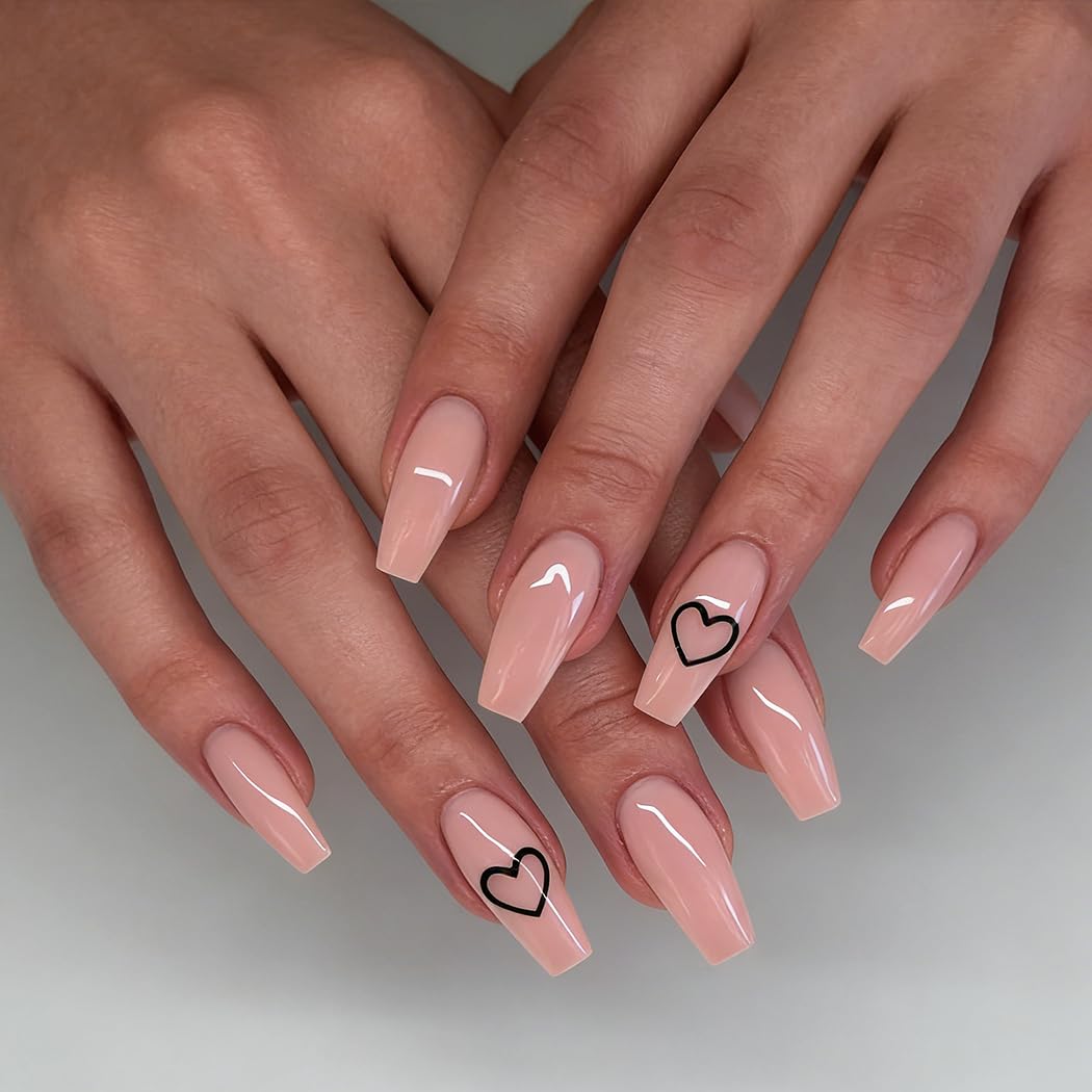 Brishow Coffin False Nails Pink Heart Stick on Nails Valentine's Press on Nails Ballerina Acrylic Fake Nails 24pcs for Women and Girls