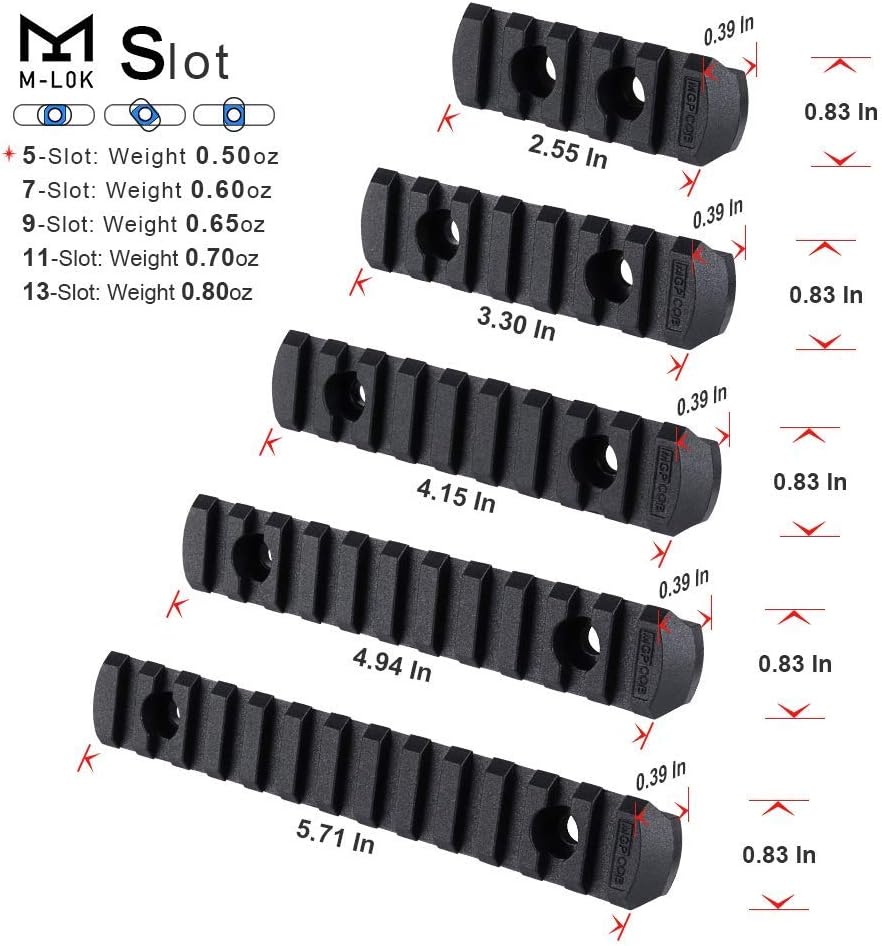 5Packs Polymer M-Lok Picatinny Rail, 5-Slot 7-Slot 9-Slot 11-Slot 13-Slot Lightweight Rail Section Accessories with 10 T-Nuts, 10 Screws and 1 Pcs Wrench (Black) : Sports & Outdoors