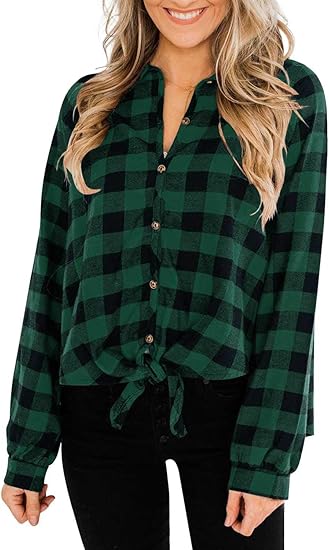 Pinkmstyle レディース 長袖ロールアップ襟付きボタンダウンチェックフランネルシャツ シャツ ブラウス 通販 Amazon