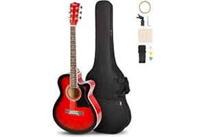ARTALL 39 Inch Handmade Solid Wood Acoustic Cutaway Guitar Beginner Kit with Gig Bag, Strings, Picks, Strap, Glossy Red