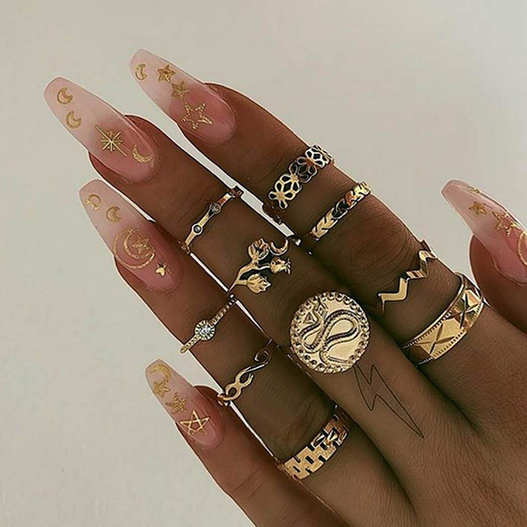 Sethain Vintage Gold Ring Set Snake Rose Wave Rhinestone Carved Stackable Joint Knuckle Finger Rings Sets for Women and Girls(10 Pcs)