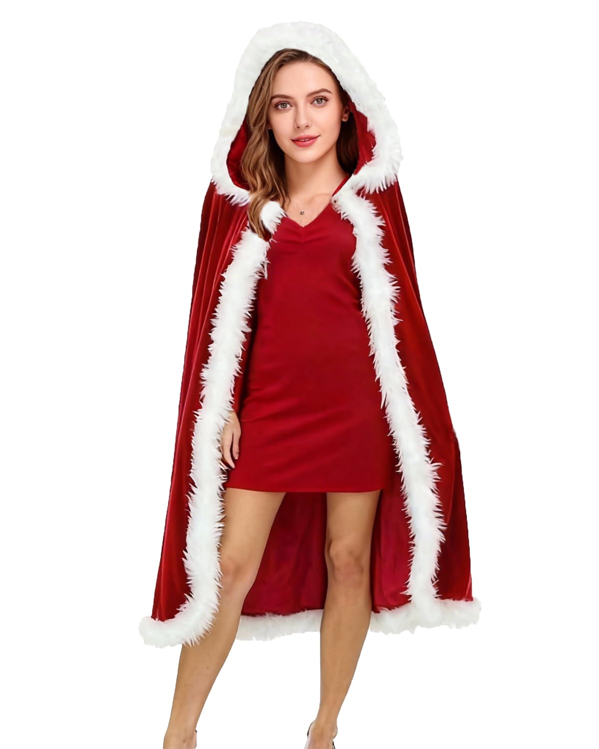 ITODA Christmas Hooded Cape Cosplay Costume Santa Claus Red Velvet Cape Cardigan Cloak Dress Up Fancy Dress Party Robe with Hat for Halloween Christmas Party Adults