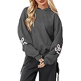 Soamat Womens Bow Print Hoodies Fleeced Oversized Hooded Sweatshirts Long Sleeve Cute Graphic Drop Shoulder Pullover Tops