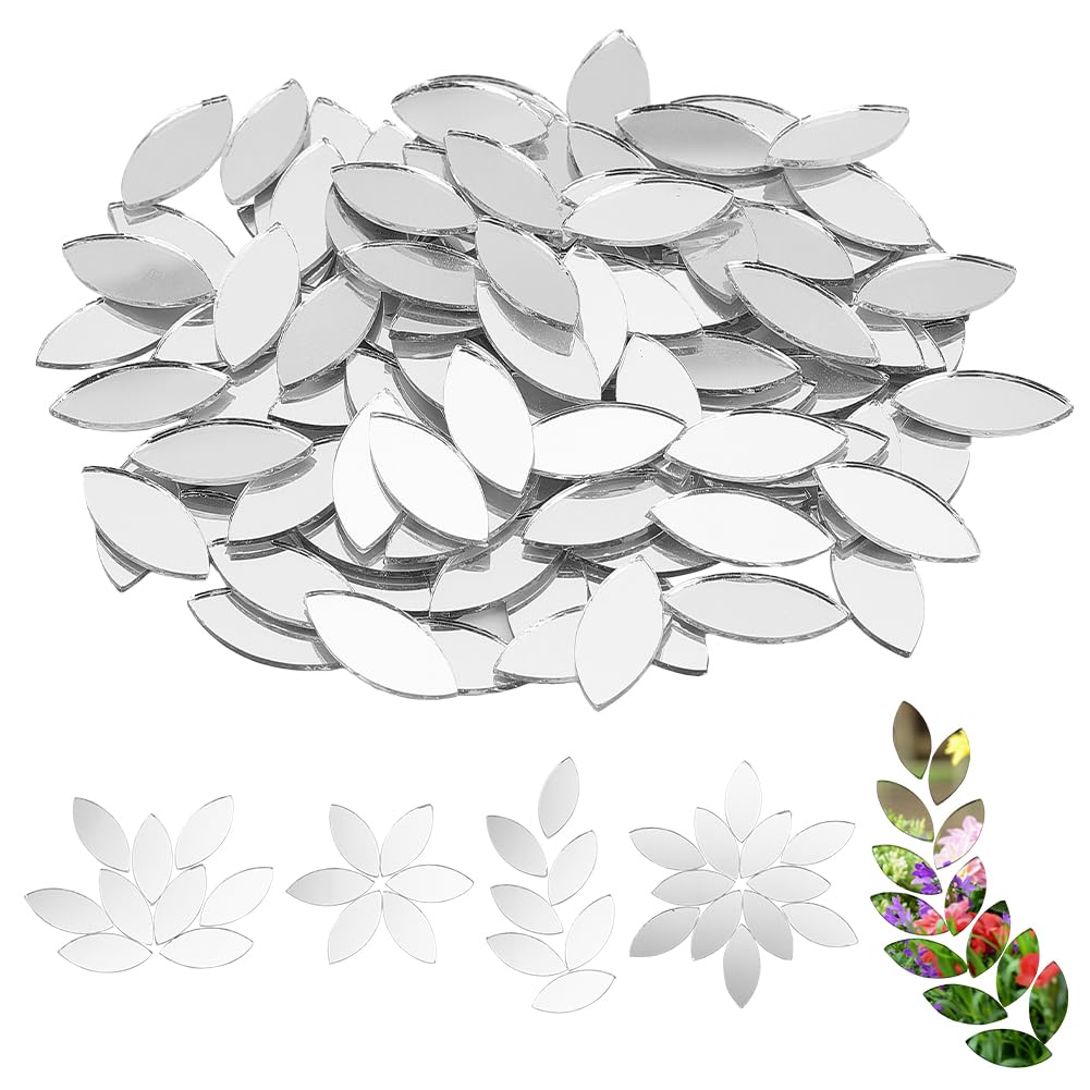 OLYCRAFT 150pcs Leaf Shape Craft Mirrors Mosaic Tiles 11x25mm Petal Mosaic Tiles Mini Glass Mirror Tiles Leaf Glass Cabochons Glass Flower Leaves Tiles for DIY Crafts Art Wall Door Home Decorations