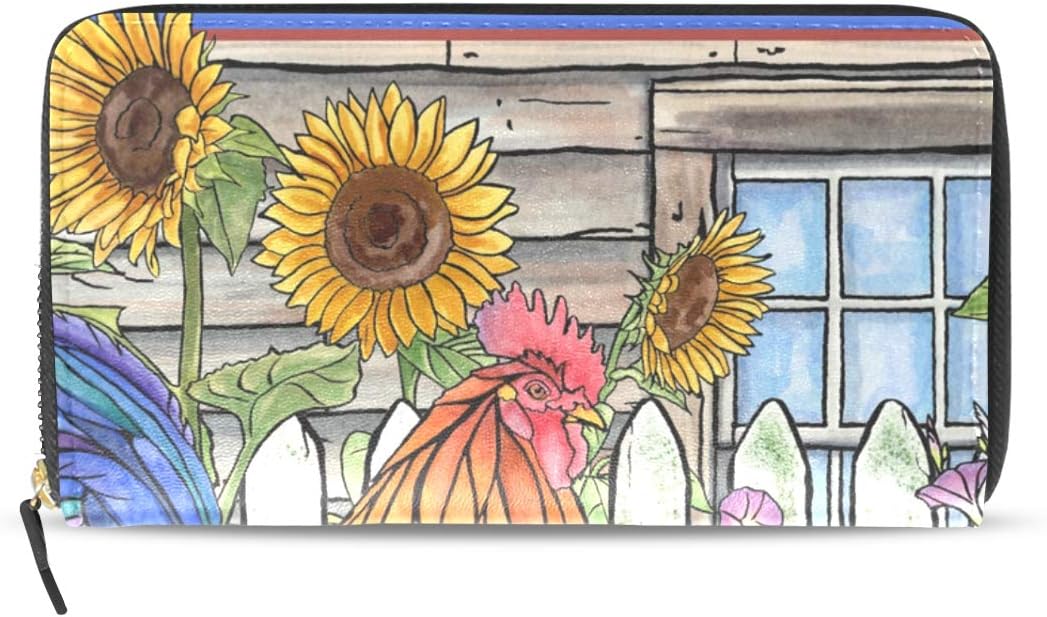 WowPrint Long Wallet, Country Rooster Chicken Sunflower PU Leather Large Capacity with Zipper Purse Bag Card Holder for Women Ladies Girls