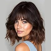 Lativ Dark Brown to Light Brown Wigs with Bangs Short Wavy Curly Wig for Women Shoulder Length 14 Inches Synthetic Resistant Hair for Daily Party Use