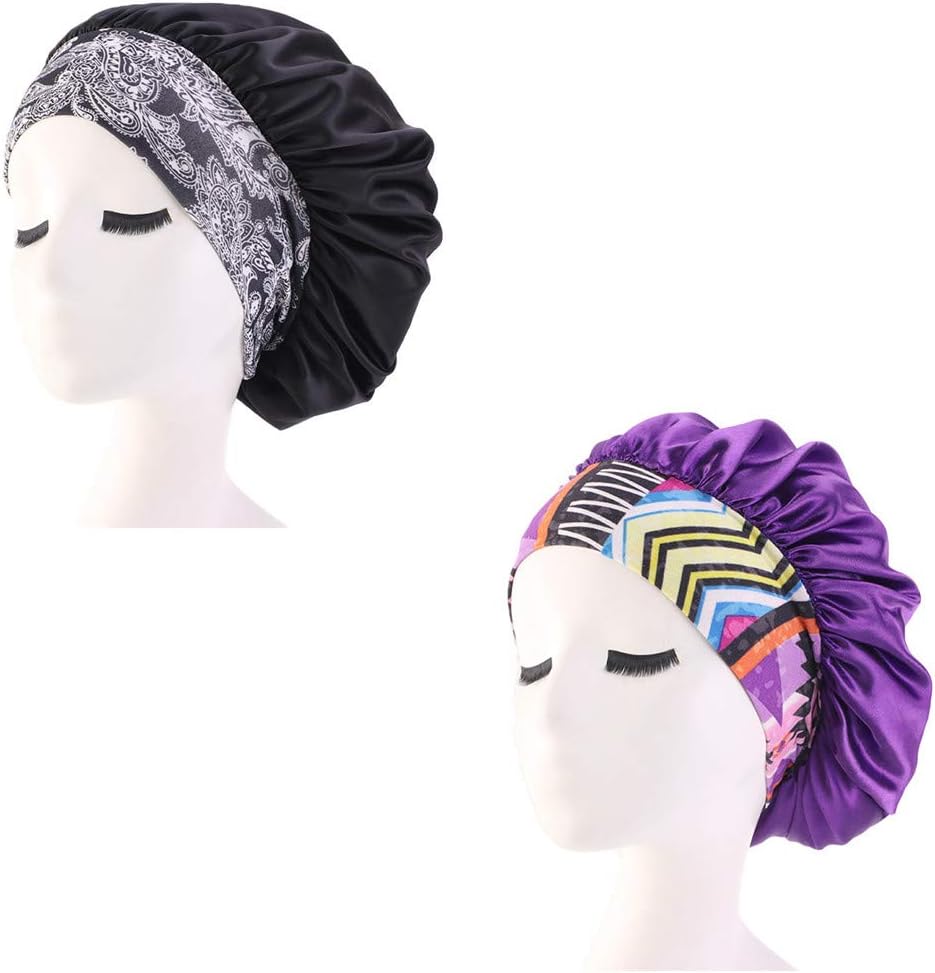 CCCHO Women’s Satin Bonnet Turban Sleep Night Cap Wide Band for Hair Beauty Bath Cap Hair Care Hat Chemo Beanie (Black+Purple)