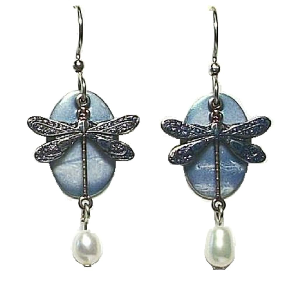 Silver Forest Dragonfly Dangle Earrings with Faux Pearl