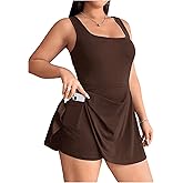 SOLY HUX Women's Plus Size Sleeveless Rompers Square Neck Athletic Tennis Dress Built in Shorts
