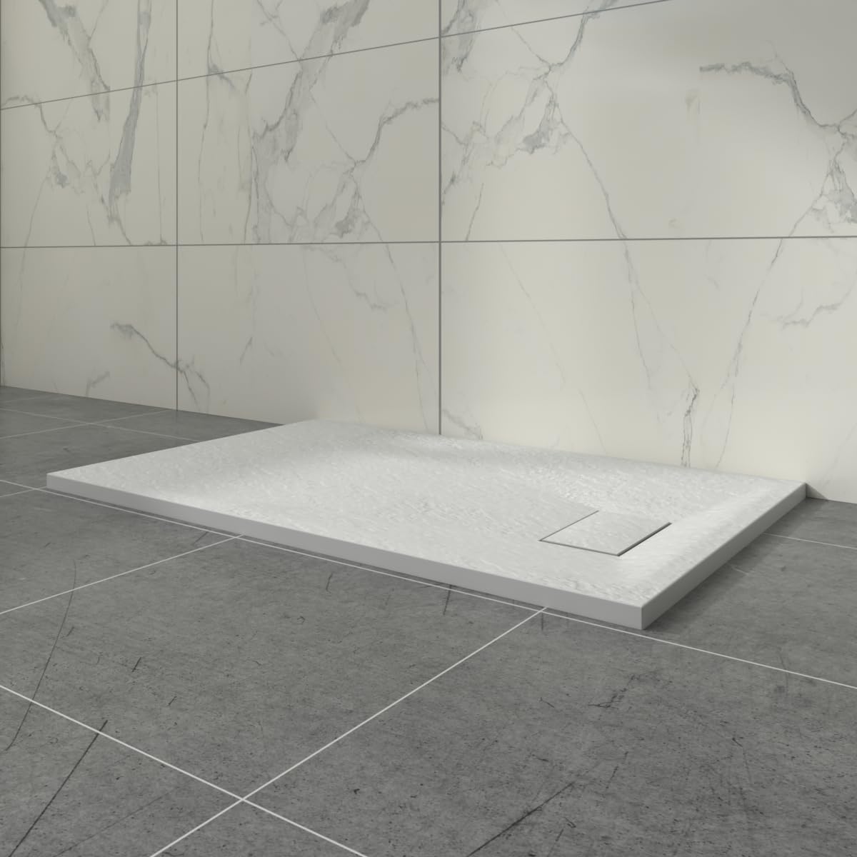 Aquariss White Rectangular Shower Tray Slate Effect SMC Slip-Resistant Shower Base for Bathroom Enclosures 1100x700mm with Waste