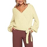 Esmeling Women Bow Tie Wrap Sweater V Neck Lantern Sleeves Knitwear Solid Pullover Cropped Cardigan