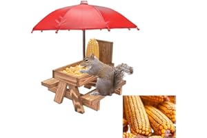 Squirrel Picnic Table Feeder, with Umbrella & Corn Cob Holder - Adorable Outdoor Garden Decor for Squirrels, Cute Chipmunk Be