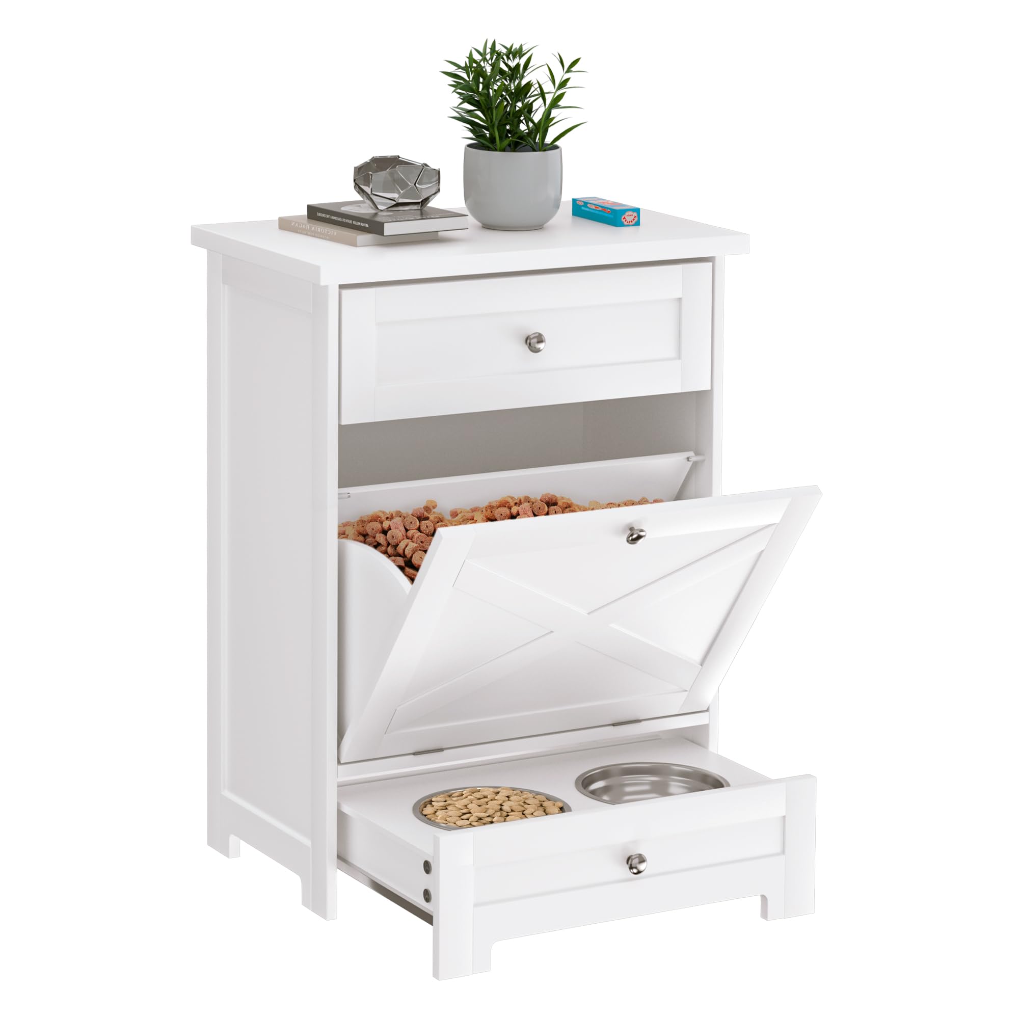 Photo 1 of **CRACKED PIECE**Dog Feeding Station with 2 Elevated Bowls,Hidden Pet Feeder Station with Tilt Out Dog Food Storage Cabinet,Dog & Cat Storage Organizer with Drawer,White