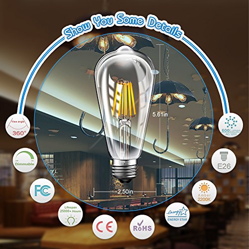 LED Edison Light Bulbs 60W Equivalent Halogen Replacement Dimmable E26 Base Vintage Filament Pendant Light Bulbs 2200K Amber Glow 6W Antique Commercial Island Light Bulbs with 600lm 6 Pack by COOWOO