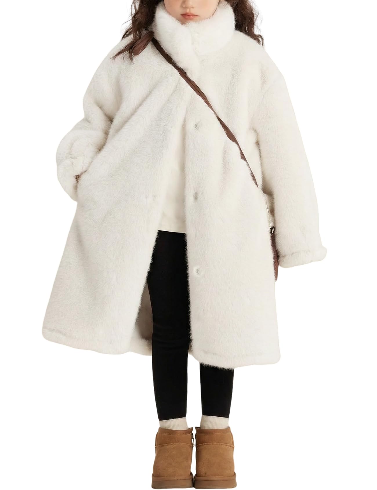 Photo 1 of ACTCHIC Girls Faux Fur Coat Long Sleeve Winter Fleece Fluffy Jacket Stand Collar Casual Trendy Warm Outerwear with Pockets(Beige