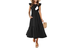 CzzzyL Women's Nursing Dress Flutter Short Sleeve Crew Neck Smocked Elastic Waist Tiered Midi with Pockets