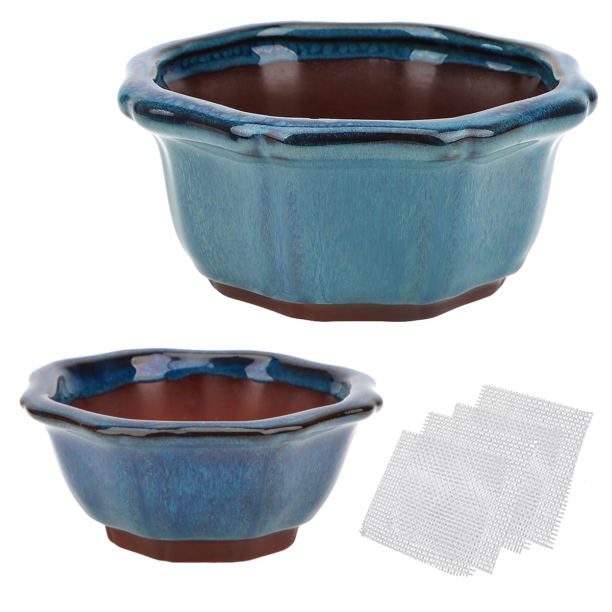 happy bonsai 5" Small Glazed Pots, Value Set of 2 + 4 Soft Mesh Drainage Screens