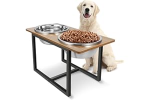 Spacnom Elevated Dog Bowls for Large Dogs, Raised Dog Bowl Stand with Two X-Large Stainless Steel Bowls for Dogs, 3.5L Capacity, Rustic Walnut