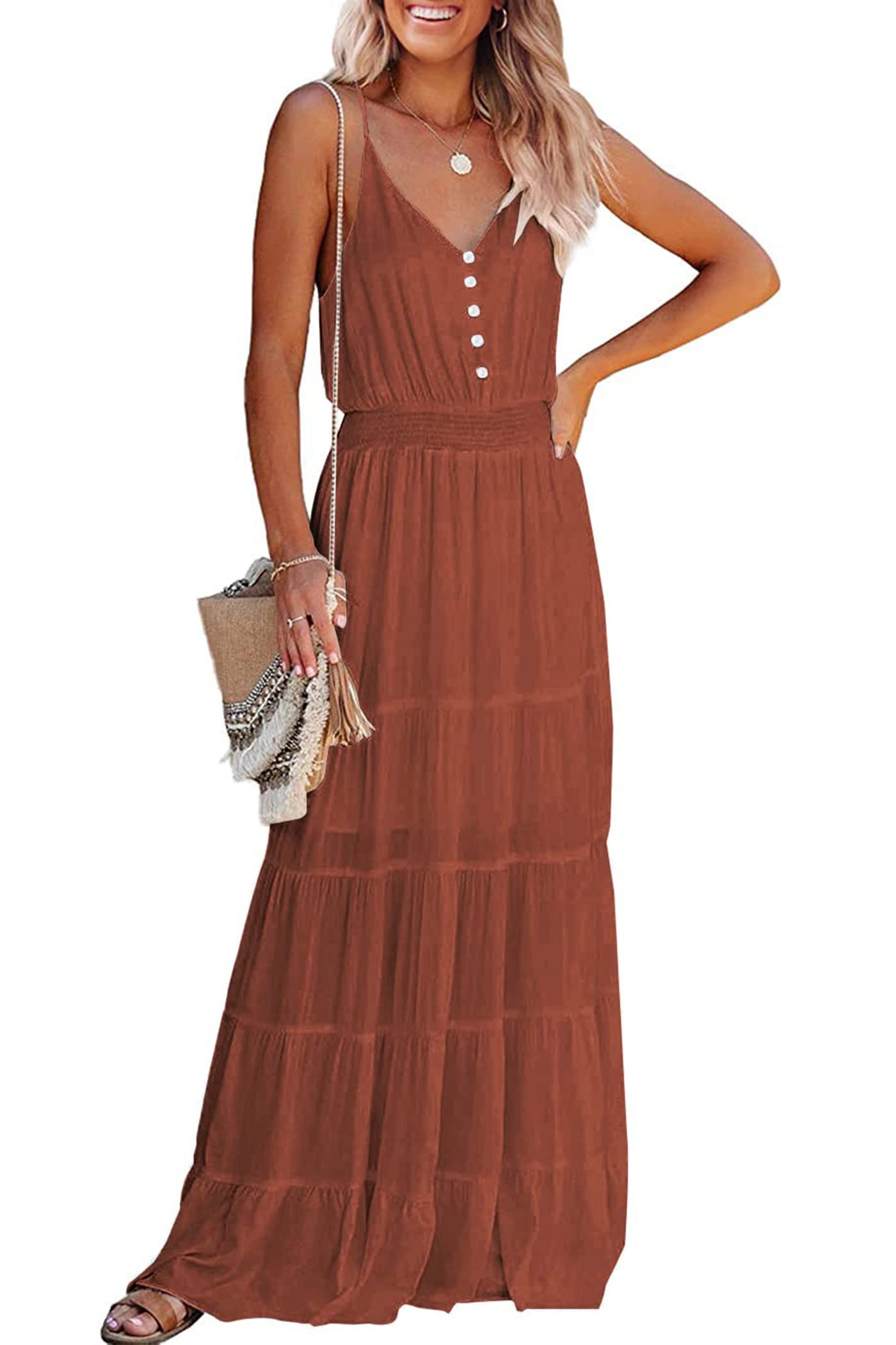 Photo 1 of PRETTYGARDEN Women's Casual Summer Dress Spaghetti Strap Sleeveless High Waist Beach Long Maxi Sun Dresses (Rust Red,XX-Large)