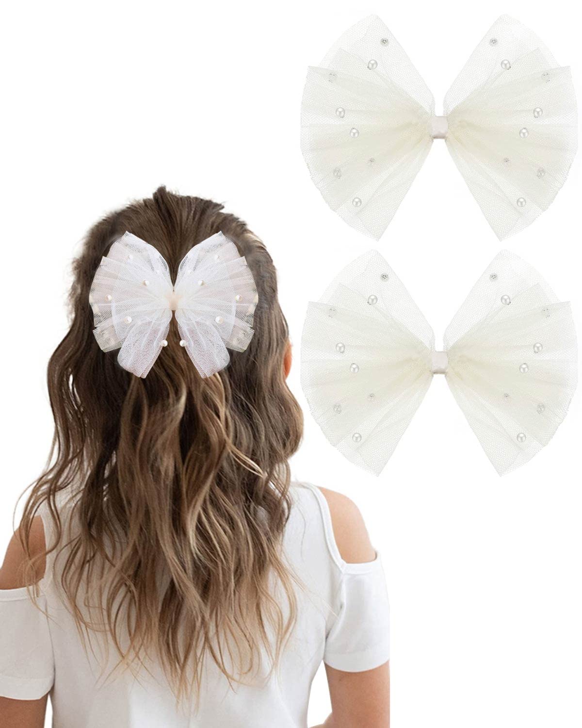 Photo 1 of 2PCS Pearl Hair Bows Clip for Toddler Girls Ivory Sweet First Communion Baby Hair Clips for Wedding Party Daily Wearing