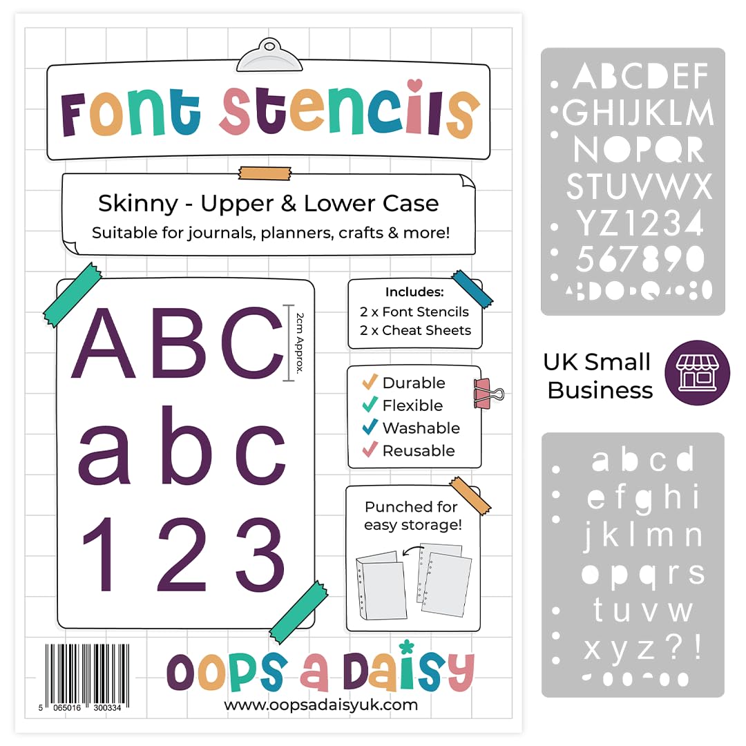 Lettering Font Stencil (Skinny Formal Font - 20mm Tall) - Upper and Lower Case Alphabet + Numbers - Reusable Template - Perfect for Dotted Journal Bullet Planner, Scrapbook, Paper Craft, Card Making