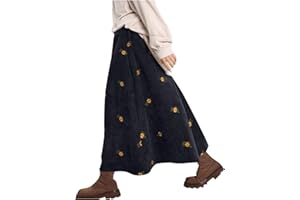 Corduroy Skirts for Women High Waisted Trendy Fall Elastic Waist Casual Floral Print Midi Skirts with Pockets