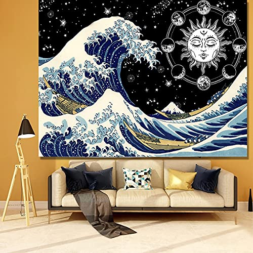 HUAXXIA Wave Tapestry Ocean Tapestry Wave Star Night, 59×79 inch Kanagawa Great Wave Wall Hanging Art Decor for Room, Wonderful Christmas Gift Idea