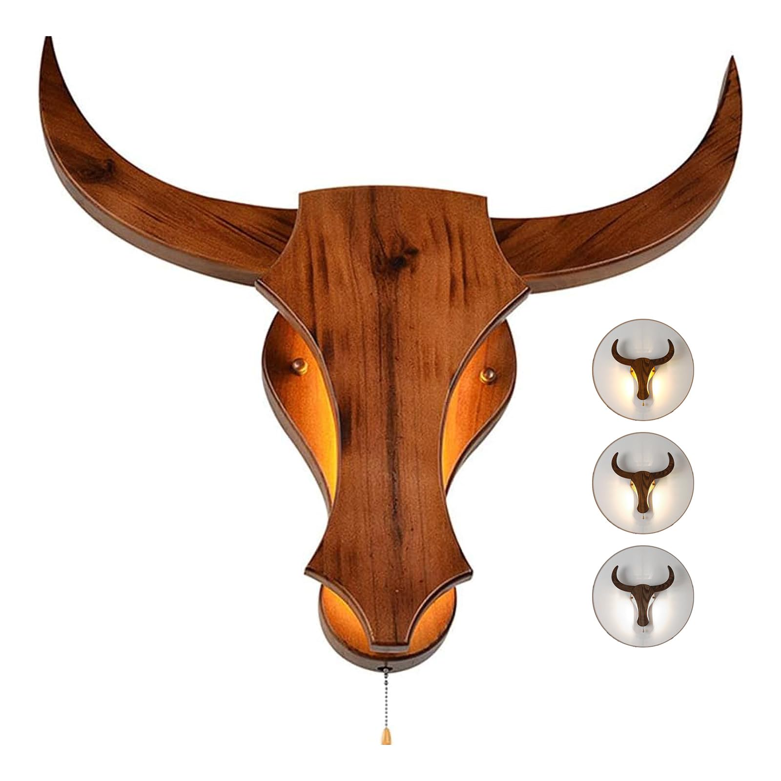 Photo 1 of Vintage Wall Sconce Lamp with Pull Chain, 3 Color Temperatures Retro LED Industrial Wall Light, Wood -Wall Sconce Lamp Ox Head Shape 8W*2, for Home Bedroom Hallway, Corridor, Stairs, Hotel, Bar