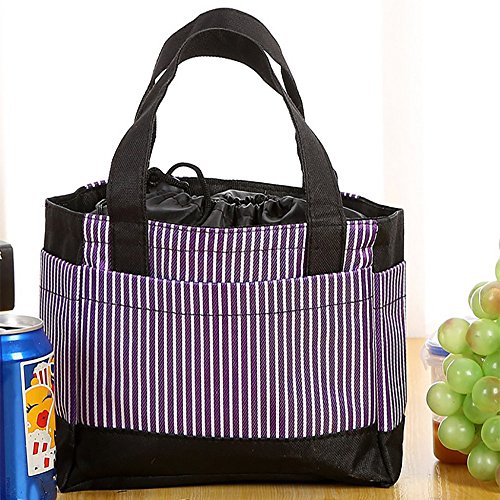 Kingwo Insulated Cold Canvas Stripe Picnic Carry Case,Thermal Portable Lunch Bag,Portable Large Space Elegant (Purple)