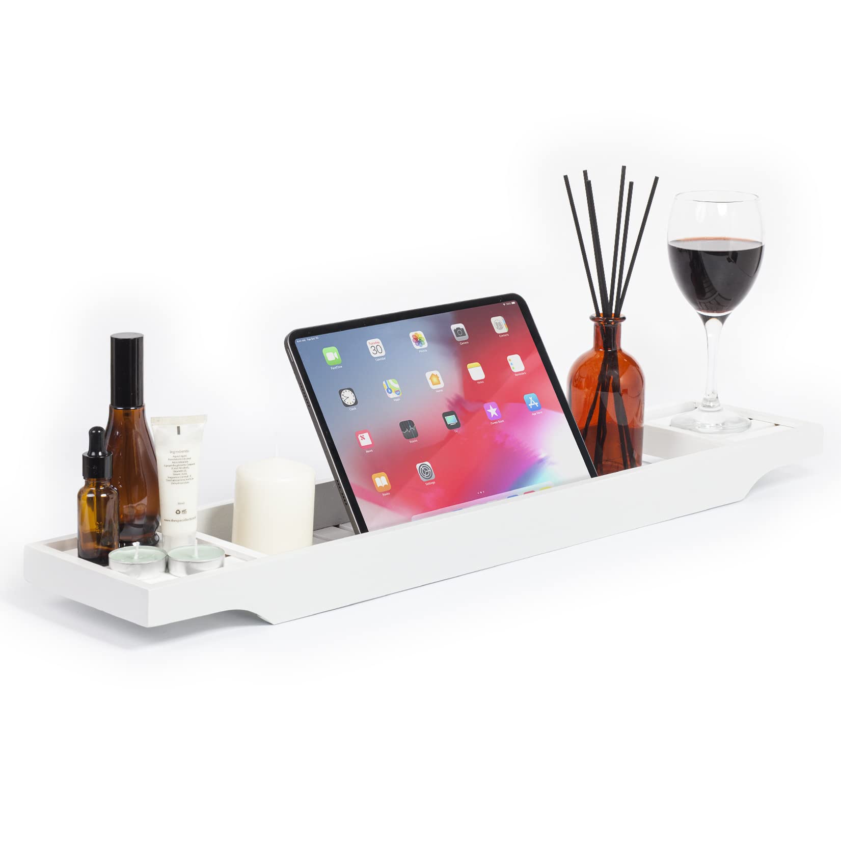 woodluv Slimline Bamboo Bathtub Caddy Tray Bridge Wooden Bath Rack Bathroom Accessory Bath Shelf Over Tub Bathroom Board Storage Shelf Tidy Relax Organiser, 70 x 14.5 x 7.5 cm - White