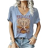Country Concert Outfits for Women Nashville Cowgirl Western Country Graphic Tees Shirt Tops Cute V Neck Cut Out T Shirts