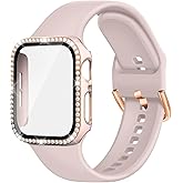 Compatible with Apple Watch Band and Case 38mm 40mm 41mm 42mm 44mm 45mm Women, Soft Silicone Bands and Bling Diamond Case & Glass Screen Protector for iWatch Series 9 8 7 6 5 4 3 2 1 and SE