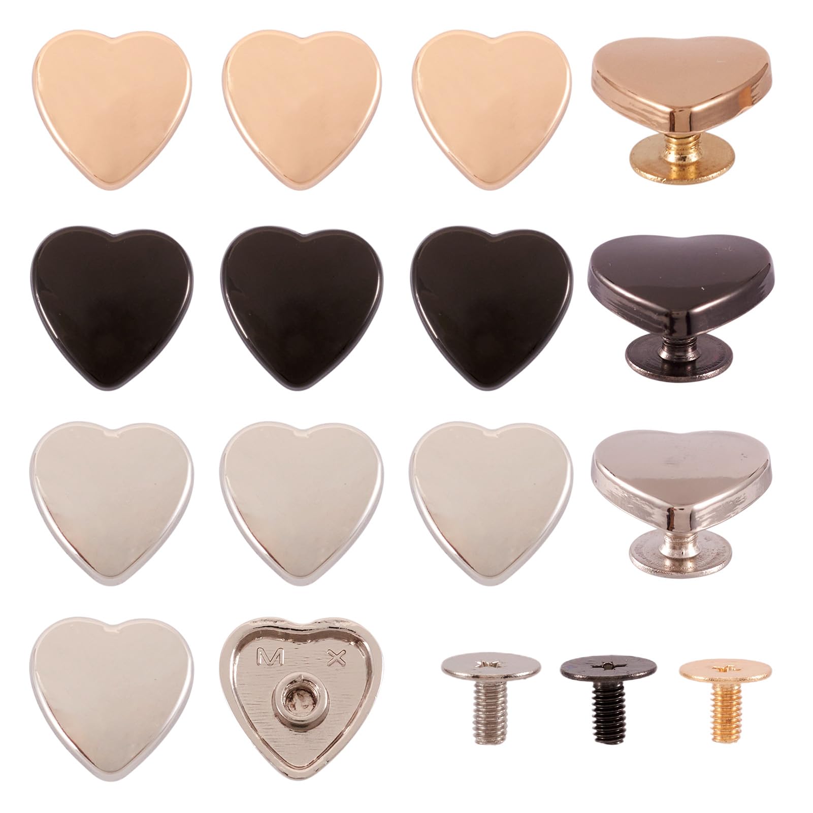 PandaHall 15 Sets 3 Colors Heart Rivets, Metal, Screw Back, Heart Style, for Leather Craft, Clothes, Belts, Bags, Shoes