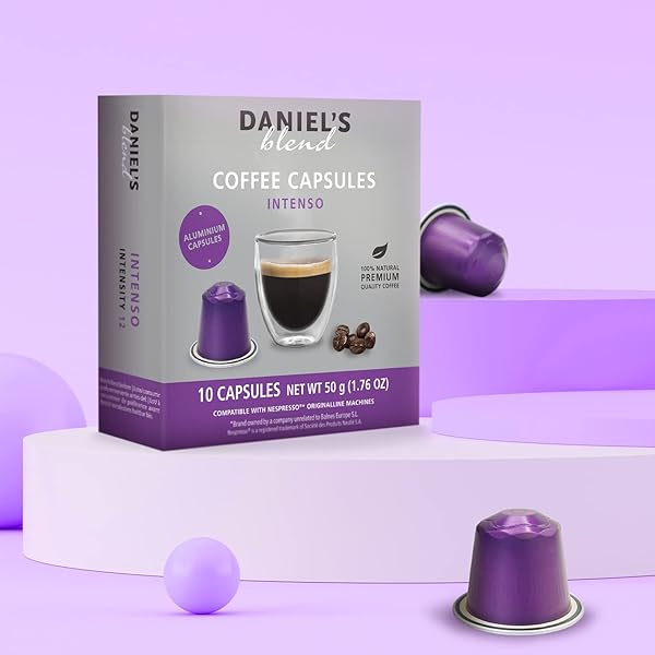 DANIELS BLEND ESPRESSO ALUMINUM CAPSULES COMPATIBLE WITH NESPRESSO, 10 COFFEE PODS, INTENSO, SINGLE SERVER, KOSHER CERTIFIED