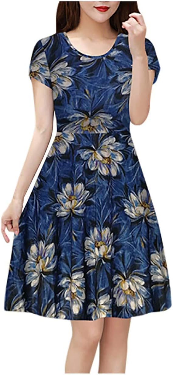 Amazon レディース ワンピース 膝丈 袖あり 丸首 レトロ プリント ドレス 花柄 復古 オトナ 着痩せ エレガント 可愛い おしゃれ パーティードレス ワンピース チュニック 通販