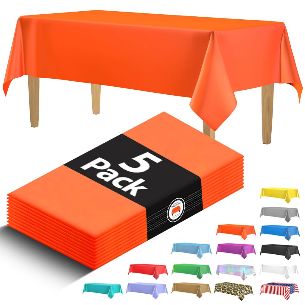 Photo 1 of 5 Pack Premium Orange Plastic Tablecloth - 108 x 54 in. Disposable Rectangle Plastic Table Cloth - Decorative Rectangle Table Cover Smooth Tablecloth - Disposable Table Cloths For Parties, Weddings.