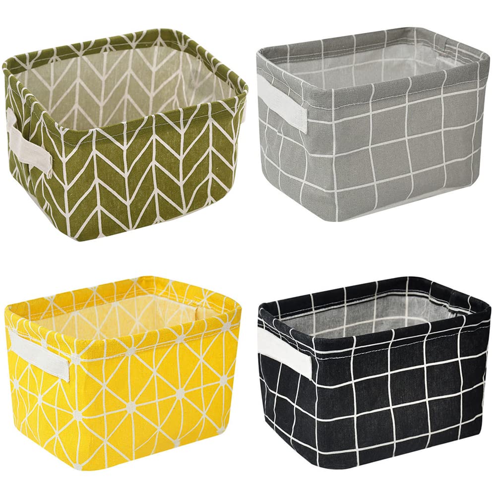 DOULEIN Fabric Storage Basket,4 Pcs Foldable Waterproof Small Baskets Mini Square Cotton Linen Organizer Box with Handles for Desktop Storage and Household Organizer