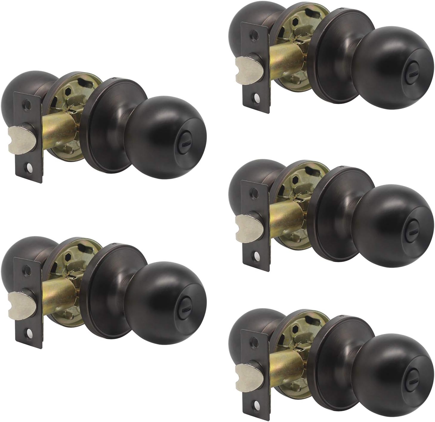 Probrico Round Privacy Door Knobs Oil Rubbed Bronze Bedroom Bathroom Locksets, Interior Keyless Bath Door Knobs, 5 Pack