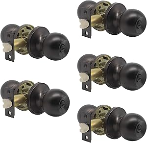 Probrico Round Privacy Door Knobs Oil Rubbed Bronze Bedroom Bathroom Locksets, Interior Keyless Bath Door Knobs, 5 Pack