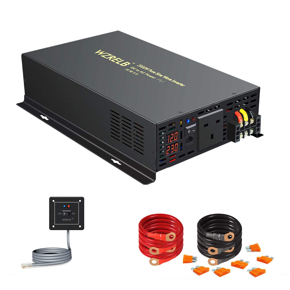 WZRELB 2000W Pure Sine Wave Inverter With Wired Remote Switch, 2000 watt Inverter 12V DC to 230V 240V AC for home appliance refrigerator RV