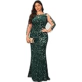 Velvet Stretch Sequin Formal Dress Long Sleeve Boat Neck Maxi Gown